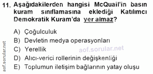 11. soru: Aşağıdakilerden hangisi McQuail'in basın kuram sınıflamasına eklediği Katılımcı Demokratik Kuram'da yer almaz? A) Çoğ…