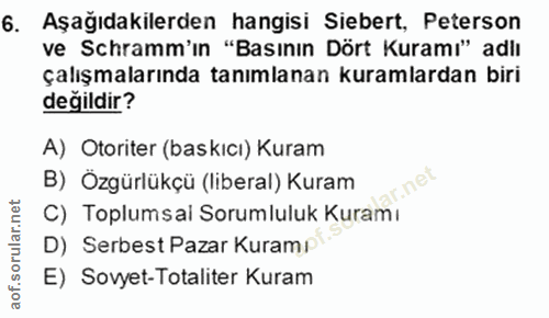 6. soru: Aşağıdakilerden hangisi Siebert, Peterson ve Schramm'in "Basının Dört Kuramı" adlı çalışmalarında tanımlanan kuramlar…