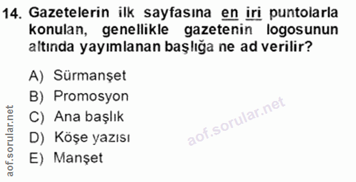 14. soru: Gazetelerin ilk sayfasına en iri puntolarla konulan, genellikle gazetenin logosunun altında yayımlanan başlığa ne ad…