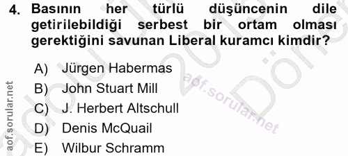 4. soru: Basının her türlü düşüncenin dile getirilebildiği serbest bir ortam olması gerektiğini savunan Liberal kuramcı kimdir…