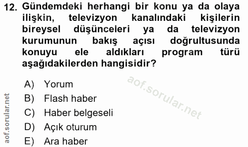 12. soru: Gündemdeki herhangi bir konu ya da olaya ilişkin, televizyon kanalındaki kişilerin bireysel düşünceleri ya da televiz…