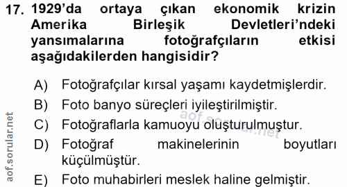 17. soru: 1929'da ortaya çıkan ekonomik krizin Amerika Birleşik Devletleri'ndeki yansımalarına fotoğrafçıların etkisi aşağıdaki…