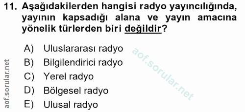11. soru: Aşağıdakilerden hangisi radyo yayıncılığında, yayının kapsadığı alana ve yayın amacına yönelik türlerden biri değildi…