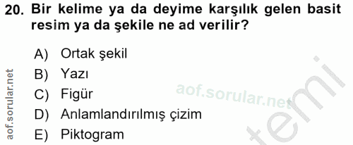 20. soru: Bir kelime ya da deyime karşılık gelen basit resim ya da şekile ne ad verilir? A) Ortak şekil B) Yazı C) Figür D) Anl…