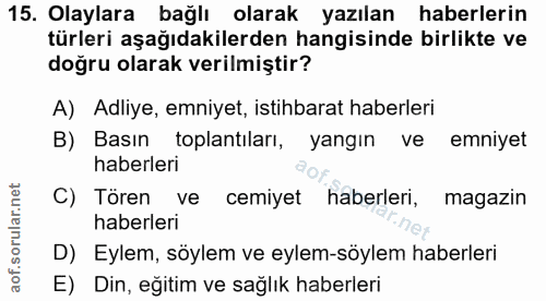 15. soru: Olaylara bağlı olarak yazılan haberlerin türleri aşağıdakilerden hangisinde birlikte ve doğru olarak verilmiştir? A)…