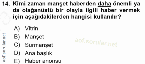 14. soru: Kimi zaman manşet haberden daha önemli ya da olağanüstü bir olayla ilgili haber vermek için aşağıdakilerden hangisi k…
