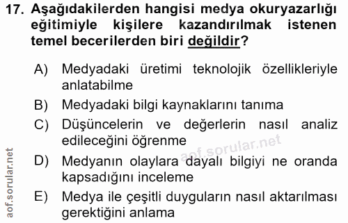 17. soru: Aşağıdakilerden hangisi medya okuryazarlığı eğitimiyle kişilere kazandırılmak istenen temel becerilerden biri değildi…