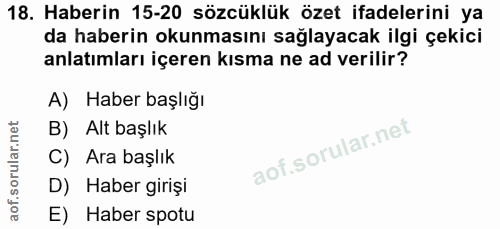 18. soru: Haberin 15-20 sözcüklük özet ifadelerini ya da haberin okunmasını sağlayacak ilgi çekici anlatımları içeren kısma ne…