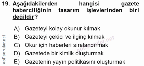 19. soru: Aşağıdakilerden hangisi gazete haberciliğinin tasarım işlevlerinden biri değildir? A) Gazeteyi kolay okunur kılmak B)…