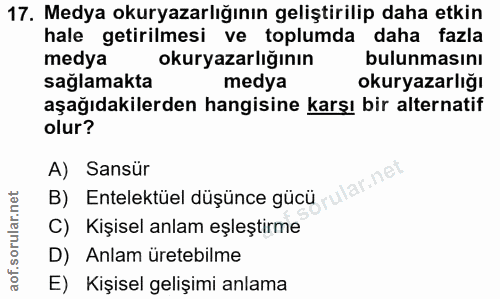 17. soru: Medya okuryazarlığının geliştirilip daha etkin hale getirilmesi ve toplumda daha fazla medya okuryazarlığının bulunma…