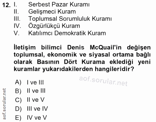 12. soru: l. Serbest Pazar Kuramı Il. Gelişmeci Kuram III. Toplumsal Sorumluluk Kuramı IV. Özgürlükçü Kuram V. Katılımcı Demokr…