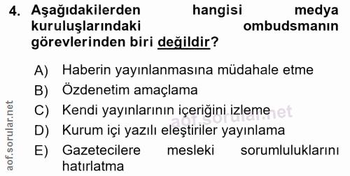 4. soru: Aşağıdakilerden hangisi medya kuruluşlarındaki ombudsmanın görevlerinden biri değildir? A) Haberin yayınlanmasına müd…