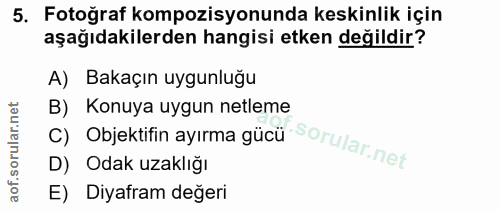 5. soru: Fotoğraf kompozisyonunda keskinlik için aşağıdakilerden hangisi etken değildir? A) Bakaçın uygunluğu C) Objektifin ay…