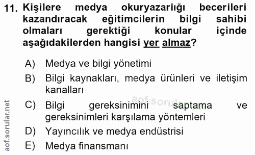11. soru: Kişilere medya okuryazarlığı becerileri kazandıracak eğitimcilerin bilgi sahibi olmaları gerektigi konular içinde aşa…