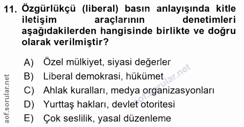 11. soru: Özgürlükçü (liberal) basın anlayışında kitle iletişim araçlarının denetimleri aşağıdakilerden hangisinde birlikte ve…