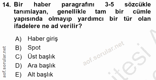 14. soru: Bir haber paragrafinı 3-5 sözcükle tanimlayan, genellikle tam bir cümle yapısında olmayıp yardımcı bir tür olan ifade…