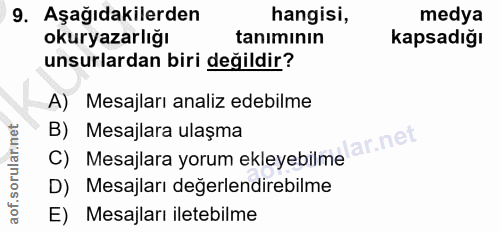 9. soru: Aşağıdakilerden hangisi, medya okuryazarlığı tanımının kapsadığı unsurlardan biri değildir? A) Mesajları analiz edebi…