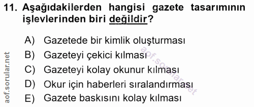 11. soru: Aşağıdakılerden hangisi gazete tasarımının işlevlerinden biri değildir? A) Gazetede bir kimlik oluşturması B) Gazetey…