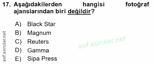 17. soru: Aşağıdakilerden hangisi fotoğraf ajanslarından biri değildir? A) Black Star net B) Magnum lar. C) Reuters D) Gamma ao…