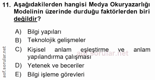 11. soru: Aşağıdakilerden hangisi Medya Okuryazarlığı Modelinin üzerinde durduğu faktörlerden biri değildir? A) Bilgi yapıları…