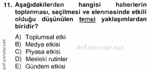 11. soru: Aşağıdakilerden hangisi haberlerin toplanması, seçilmesi ve elenmesinde etkili olduğu düşünülen temel yaklaşımlardan…