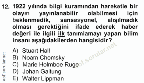 12. soru: 1922 yılında bilgi kuramından hareketle bir olayın yayınlanabilir olabilmesi için beklenmedik, sansasyonel, alışılmad…