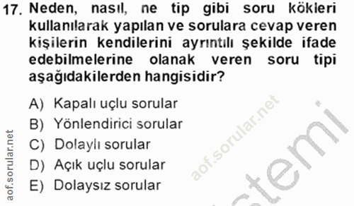17. soru: Neden, nasıl, ne tip gibi soru kökieri kullanılarak yapılan ve sorulara cevap veren kişilerin kendilerini ayrıntılı ş…
