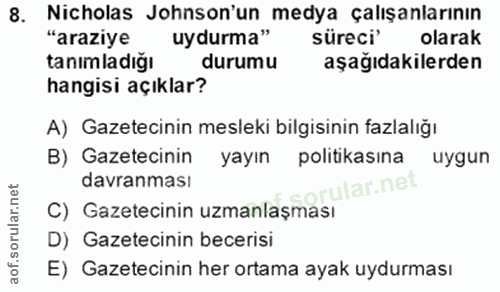 8. soru: Nicholas Jonson'un medya çalışanlarının "araziye uydurma" süreci olarak tanımladığı durumu aşağıdakilerden hangisi aç…