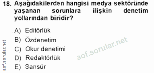 18. soru: Aşağıdakilerden hangisi medya sektöründe yaşanan sorunlara ilişkin denetim yollarından biridir? A) Editörlük B) Özden…