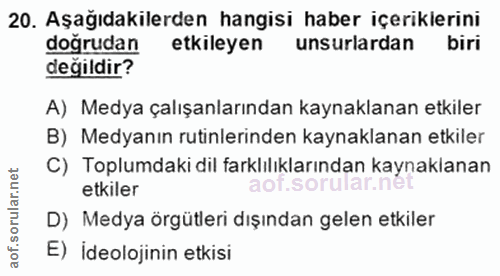 20. soru: Aşağıdakilerden hangisi haber içeriklerini doğrudan etkileyen unsurlardan biri değildir? A) Medya çalışanlarından kay…