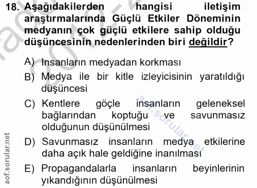 18. soru: Aşağıdakilerden hangisi iletişim araştırmalarında Güçlü Etkiler Döneminin medyanın çok güçlü etkilere sahip olduğu dü…