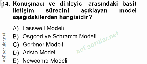 14. soru: Konuşmacı ve dinleyici arasındaki basit iletişim sürecini açıklayan model aşağıdakilerden hangisidir? A) Lasswell Mod…