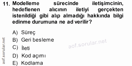 11. soru: Modelleme sürecinde iletişimcinin, hedeflenen alıcının iletiyi gerçekten istenildiği gibi alıp almadığı hakkında bilg…