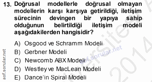 13. soru: Doğrusal modellerle doğrusal olmayan modellerin karşı karşıya getirildiği, iletişim sürecinin devingen bir yapıya sah…