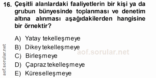 16. soru: Çeşitli alanlardaki faaliyetlerin bir kişi ya da grubun bünyesinde toplanması ve denetim altına alınması aşağıdakiler…