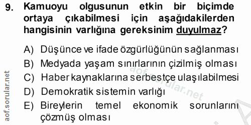 9. soru: Kamuoyu olgusunun etkin bir biçimde ortaya çıkabilmesi için aşağıdakilerden hangisinin varlığına gereksinim duyulmaz?…