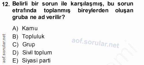 12. soru: Belirli bir sorun ile karşılaşmış, bu sorun etrafinda toplanmış bireylerden oluşan gruba ne ad verilir? A) Kamu B) To…