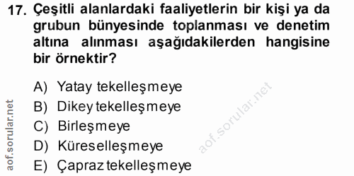 17. soru: Çeşitli alanlardaki faaliyetlerin bir kişi ya da grubun bünyesinde toplanması ve denetim altına alınması aşağıdakiler…