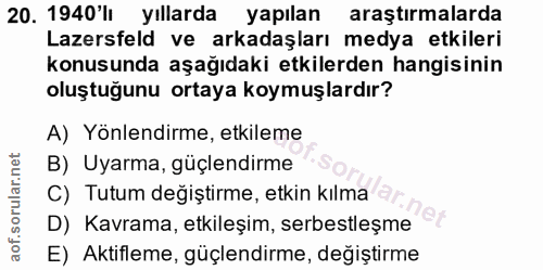 20. soru: 1940'lı yıllarda yapılan araştırmalarda Lazersfeld ve arkadaşları medya etkileri konusunda aşağıdaki etkilerden hangi…
