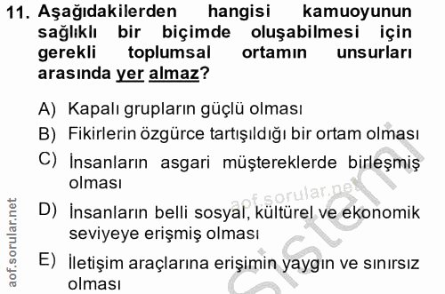 11. soru: Aşağıdakilerden hangisi kamuoyunun sağlıklı bir biçimde oluşabilmesi için gerekli toplumsal ortamin unsurları arasınd…