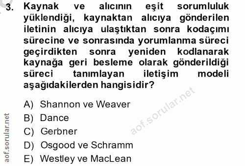 3. soru: Kaynak ve alıcının eşit sorumluluk yüklendiği, kaynaktan alıcıya gönderilen iletinin alıcıya ulaştıktan sonra kodaçım…