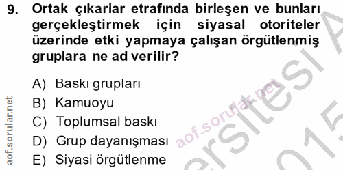 9. soru: Ortak çıkarlar etrafında birleşen ve bunları gerçekleştirmek için siyasal otoriteler üzerinde etki yapmaya çalışan ör…