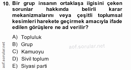 10. soru: Bir grup insanın ortaklaşa ilgisini çeken sorunlar hakkında belirli Karar mekanizmalarını veya çeşitli toplumsal kesi…