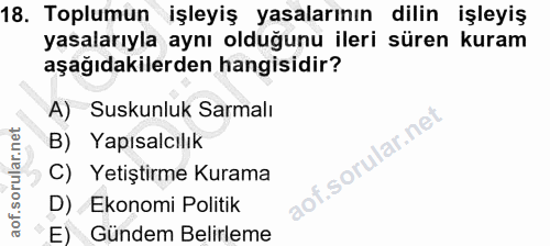 18. soru: Toplumun işleyiş yasalarının dilin işleyiş yasalarıyla aynı olduğunu ileri süren kuram aşağıdakilerden hangisidir? A)…