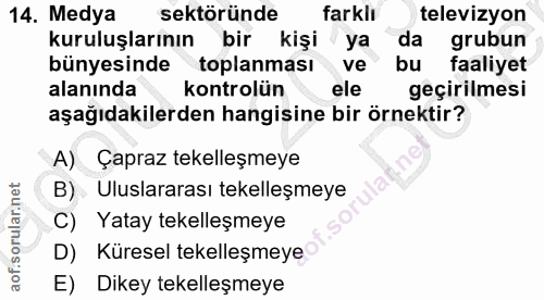 14. soru: Medya sektöründe farklı televizyon kuruluşlarının bir kişi ya da grubun bünyesinde toplanması ve bu faaliyet alanında…