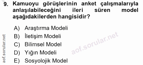 9. soru: Kamuoyu görüşlerinin anket çalışmalarıyla anlaşılabileceğini ileri süren model aşağıdakilerden hangisidir? A) Araştır…