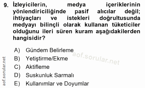 9. soru: İzleyicilerin, medya içeriklerinin yönlendiriciliğinde pasif alıcılar değil; ihtiyaçları ve istekleri doğrultusunda m…