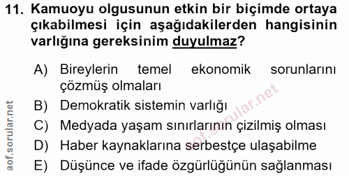 11. soru: Kamuoyu olgusunun etkin bir biçimde ortaya çıkabilmesi için aşağıdakilerden hangisinin varlığına gereksinim duyulmaz?…