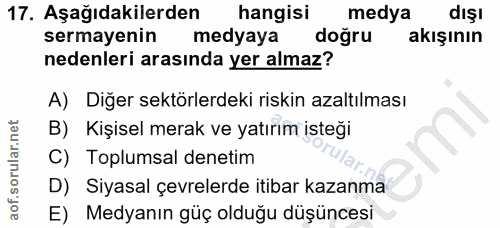 17. soru: Aşağıdakilerden hangisi medya dışı sermayenin medyaya doğru akışının nedenleri arasında yer almaz? A) Diğer sektörler…