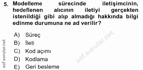 5. soru: Modelleme sürecinde iletişimcinin, hedeflenen alıcının iletiyi gerçekten istenildiği gibi alıp almadığı hakkında bilg…